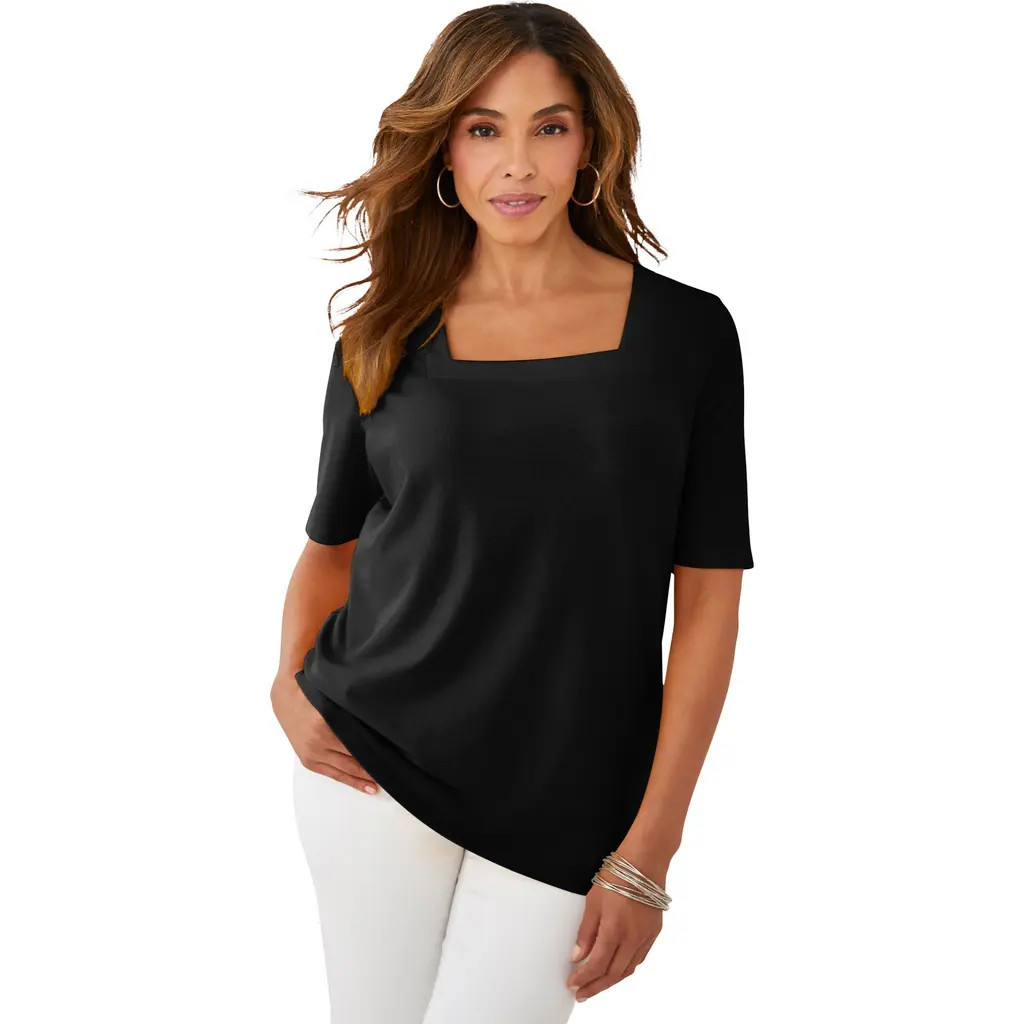Jessica London Stretch Cotton Square Neck Tee in Black at Nordstrom, Size 20 | Nordstrom