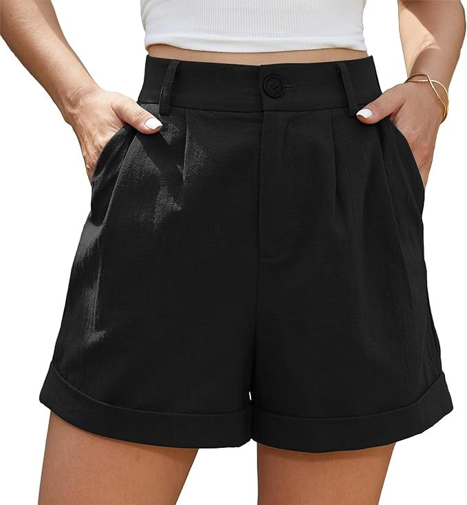 Jouica Womens Summer High Waist Linen Shorts Roll Up Pleated Zippered Wrap Hem Wide Leg Shorts wi... | Amazon (US)