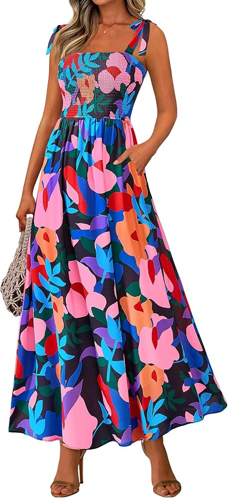 PRETTYGARDEN Womens Summer Dresses Floral Sleeveless Smocked Maxi Dress Boho Spaghetti Strap A Li... | Amazon (US)