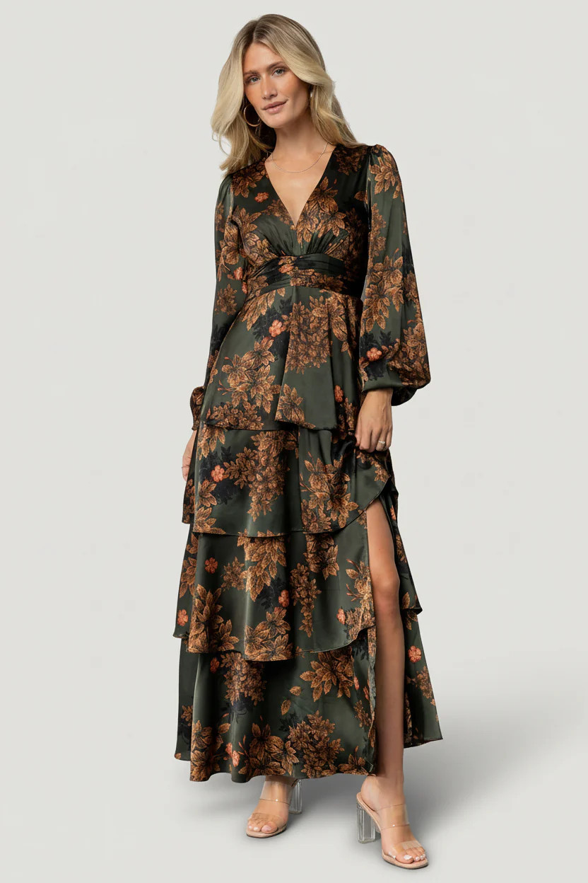 Montrouge Satin Tiered Maxi — Olive Floral | Baltic Born | Baltic Born