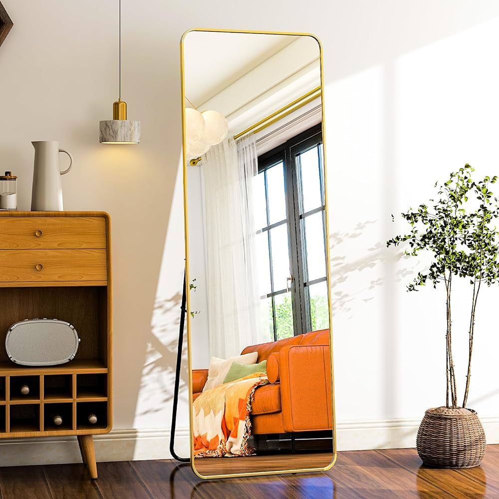 HARRITPURE 59" x 16“ Rounded Full Length Mirror Aluminum Frame Gold Mirror Full Length Floor Mi... | Amazon (US)