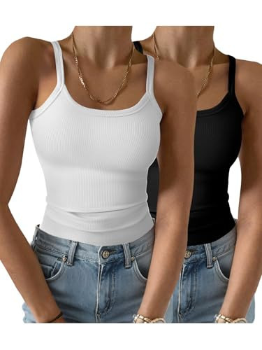 GKBK 2 Pack Womens Sleeveless Tank Top Form Fitting Spaghetti Strap Scoop Neck Ribbed Knit Workout Lounge Basic Slim Fitted Crop Summer 2026 Cami Layering Casual Shirts Black White M | Amazon (US)