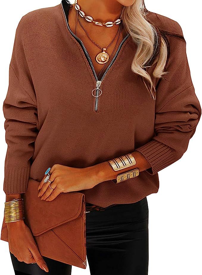 Womens Oversized Sweaters Half Zip Long Sleeve High Neck Lapel Winter Warm Casual Pullover Tops | Amazon (US)