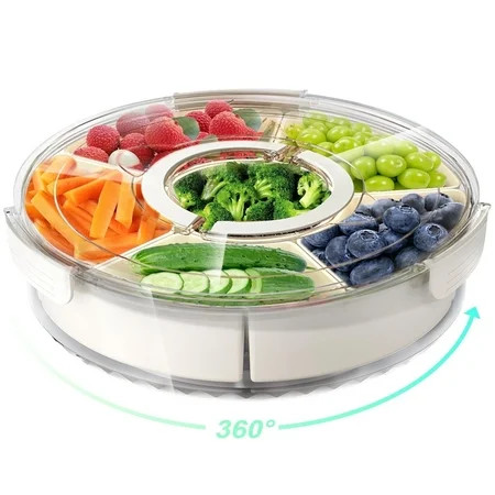 Loobuu Divided Rotating Serving Tray with Lid and Handle, Portable Snackle Box for Fruits Snacks Veggie Charcuterie, Veggie Tray | Walmart (US)