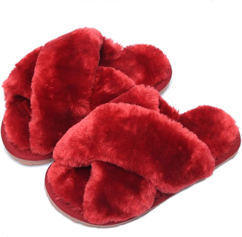 Womens & Girls Slippers Ladies Fluffy Plush House Slippers Cozy Open Toe Faux Fur Sliders for Gir... | Amazon (UK)