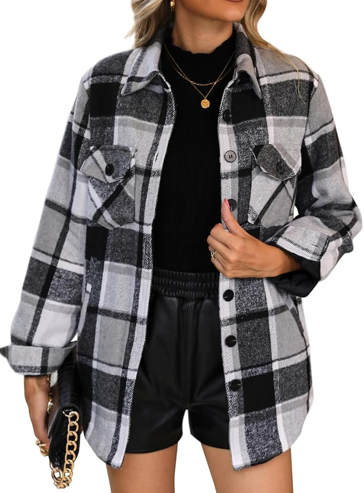luvamia Plaid Jackets for Women Flannel Quilted Shacket Coats Oversized Button Down Shirts Jacket | Amazon (US)