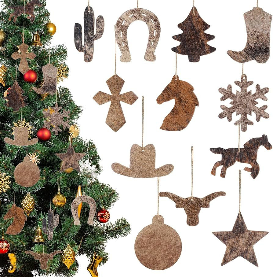 Syhood 24 Pcs Christmas Western Cowhide Ornaments 12 Styles Cowboy Christmas Hanging Decoration W... | Amazon (US)