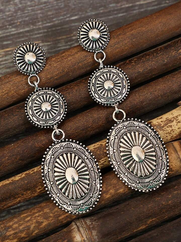 Vintage Bohemian Western Style Totem Carving Geometric Patchwork Metal Alloy Dangle Earrings (1pair) | SHEIN
