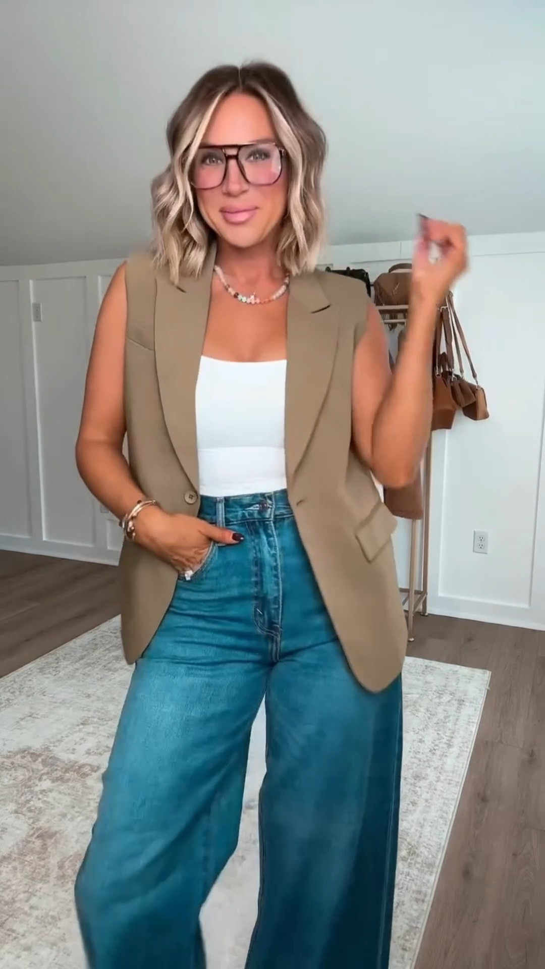 The best kind of outfit is one that does the work for you 🙌🏼 One set, multiple ways to wear it, and SO many outfit possibilities. Wear it together for an effortless put-together look or mix + match each piece with what you already own. 🤎 Perfect for a casual office outfit or polished look for church or brunch. 
I am 5'6 140lbs wearing size M set, small tank, small stripe pants, size 29 jeans. Shoes run true to size 

 #LTKmomlife #LTKSeasonal #LTKWorkwear