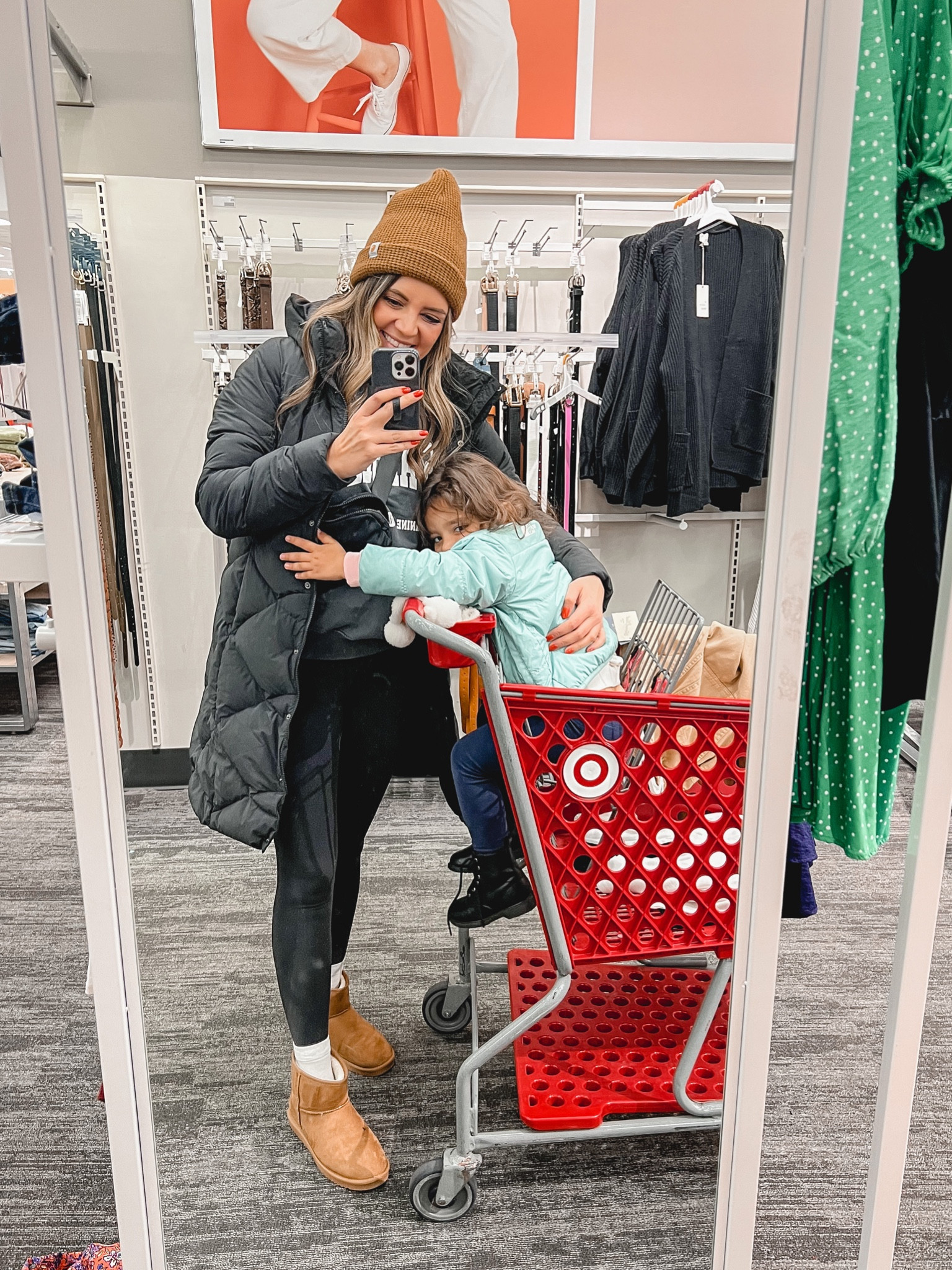 Casual winter outfit. Puffer jacket, Carhartt beanie, leggings outfit, Ugg mini outfit. Anine bing sweatshirt. 

#LTKsalealert #LTKunder50 #LTKunder100