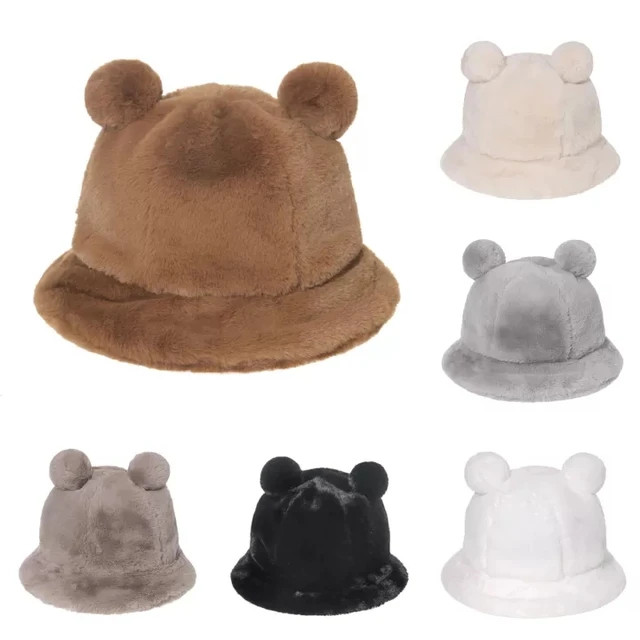 Fashion Autumn Winter Leopard Fur Bucket Hat Bear Ear Ball Plush Fisherman Hat Soft Warm Thick Ba... | AliExpress (US)