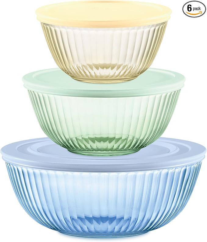 Pyrex Colors Tinted 6-PC Full Set, Small/Medium/Large Glass Mixing Bowls With Lids, Nesting Space... | Amazon (US)