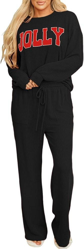 Women Pajamas Set Loungewear Ribbed Long Sleeve Top and Pants with Pockets Lounge Sweatsuit Set | Amazon (US)