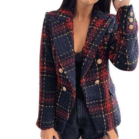 Vintage Red Plaid Blazers Women Double Breasted Autumn Tweed Suits Coats Lapel | Walmart (US)