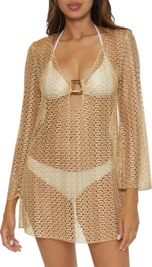 Metallic Long Sleeve Sheer Cover-Up Dress | Nordstrom