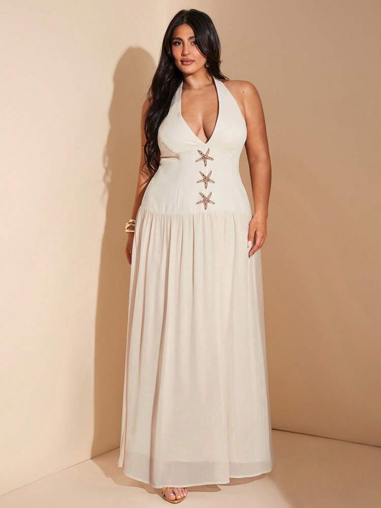 SHEIN BAE Plus Size Women's Apricot Solid Color Sexy Deep-V Flouncy Hem Sweet Princess Style Maxi... | SHEIN
