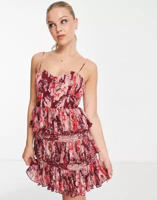 ASOS DESIGN corset frill mini dress with sequin detail in red with floral print | ASOS (Global)