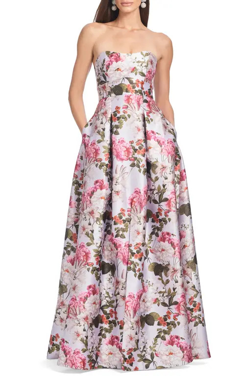 Sachin & Babi Giovanna Floral Mikado Satin Strapless Gown in Perwinkle And Petals at Nordstrom, Size 14 | Nordstrom