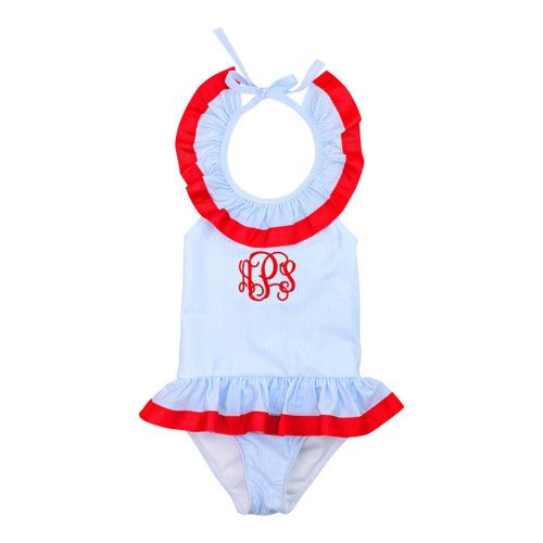 Blue And Red Mini Stripe Lycra Swimsuit | Cecil and Lou