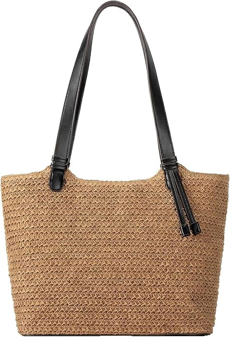 Womens Straw Beach Bag with Zipper, Handmade Woven Summer Tote Bag with PU Shoulder Strap, Purse ... | Amazon (US)