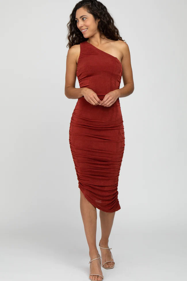 Rust One Shoulder Ruched Side Midi Dress | PinkBlush Maternity