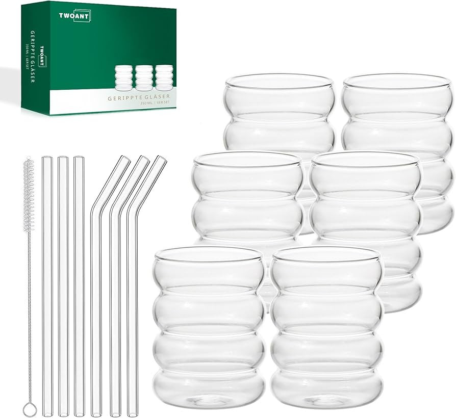 6Pcs Ribbed Drinking Glass with Glass Straws 13 oz Wave Bubble Glasses Tumbler Aesthetic Cup Iced... | Amazon (US)