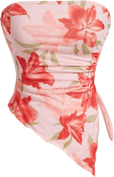 Milumia Women's Floral Print Strapless Tube Top Ruched Drawstring Asymmetrical Tank Tops | Amazon (US)
