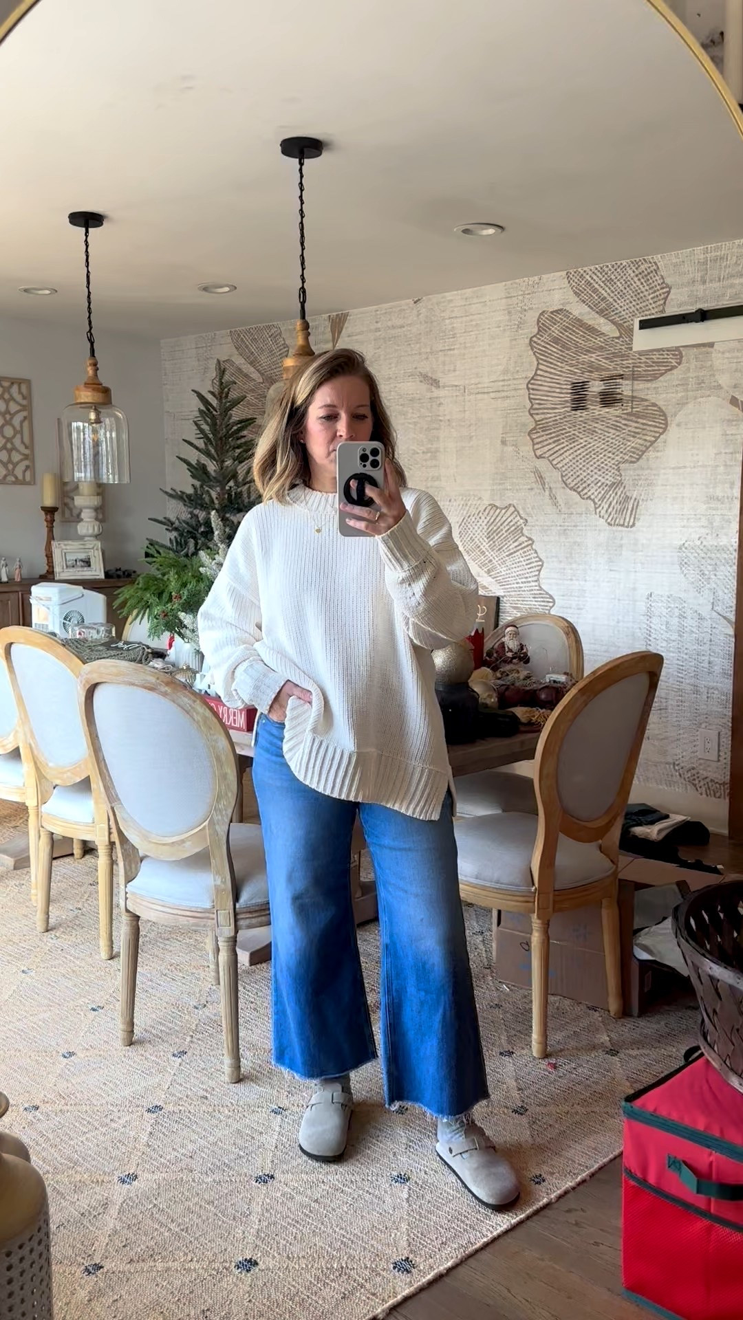 My errand outfit/wfh. This cozy sweater is oversized and chenille!!! I’m in a small. My jeans are true to size. You see this all the time. I dress them up and down. Feel like lounge pants. I’m in a 29. The socks sound silly but I just got them from Madewell and they’re soft and thick and great quality. Not stiff or itchy. Cheers!! 

#LTKdayinmylife #LTKootd #LTKOver40