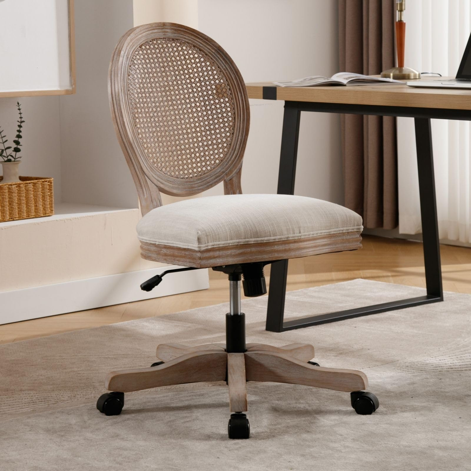 DUOMAY Linen Home Office Desk Chair, French Country Elegance with Rattan Backrest, Upholstered Ex... | Amazon (US)