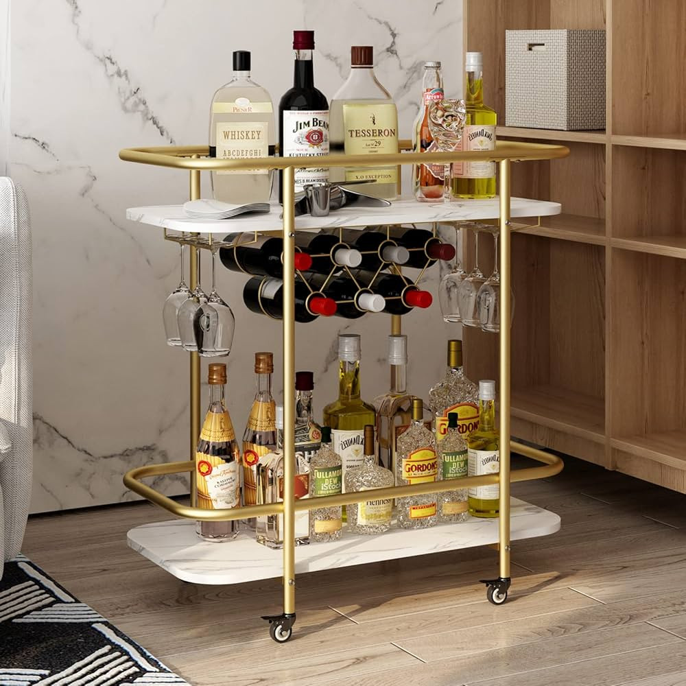 BENOSS 2-Tier Gold Bar Cart on Wheels, 33'' H Mobile Serving Wine Cart with Glass Holder and Wine... | Amazon (CA)