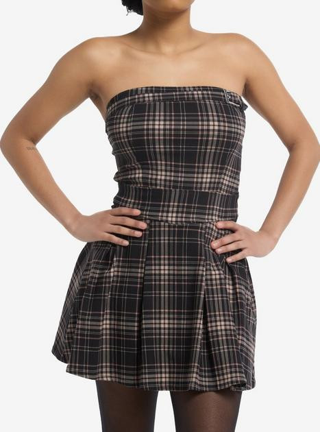 Black & Brown Plaid Buckle Strapless Mini Dress | Hot Topic