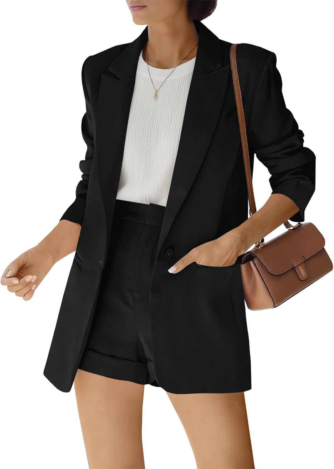 Fisoew Women's 2 Piece Open Front Long Blazer Solid Short Pants Suit Sets | Amazon (US)