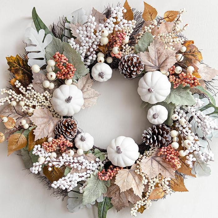 Fall Decor - 18 Inch Autumn Maple Leaf Pumpkin Pine Cone Berry Wreath | Amazon (US)