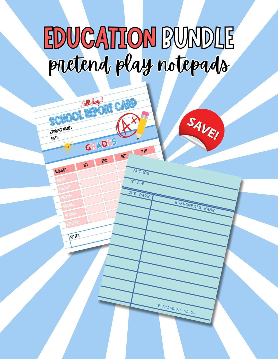 BUNDLE & SAVE School Report Card Library Card Pretend Play Notepad Bundle set of Two - Etsy | Etsy (US)