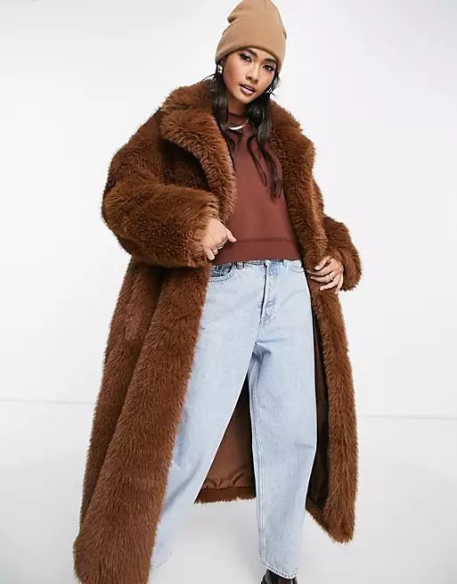 Topshop long fur coat in chocolate | ASOS (Global)