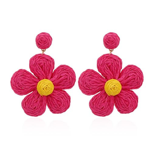 Just Follow Statement Earrings Drop Dangle Earrings for Women Hot Pink Earrings Geometric Beaded Hoop Earrings Boho Rose Petal Tassel Earrings (Woven Flower Earrings) | Amazon (US)