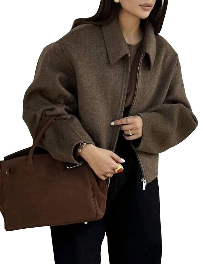 Womens Cropped Wool Jacket Plain Zipper Short Pea Coats Fall Winter Trendy Tweed Jackets 2025 | Amazon (US)