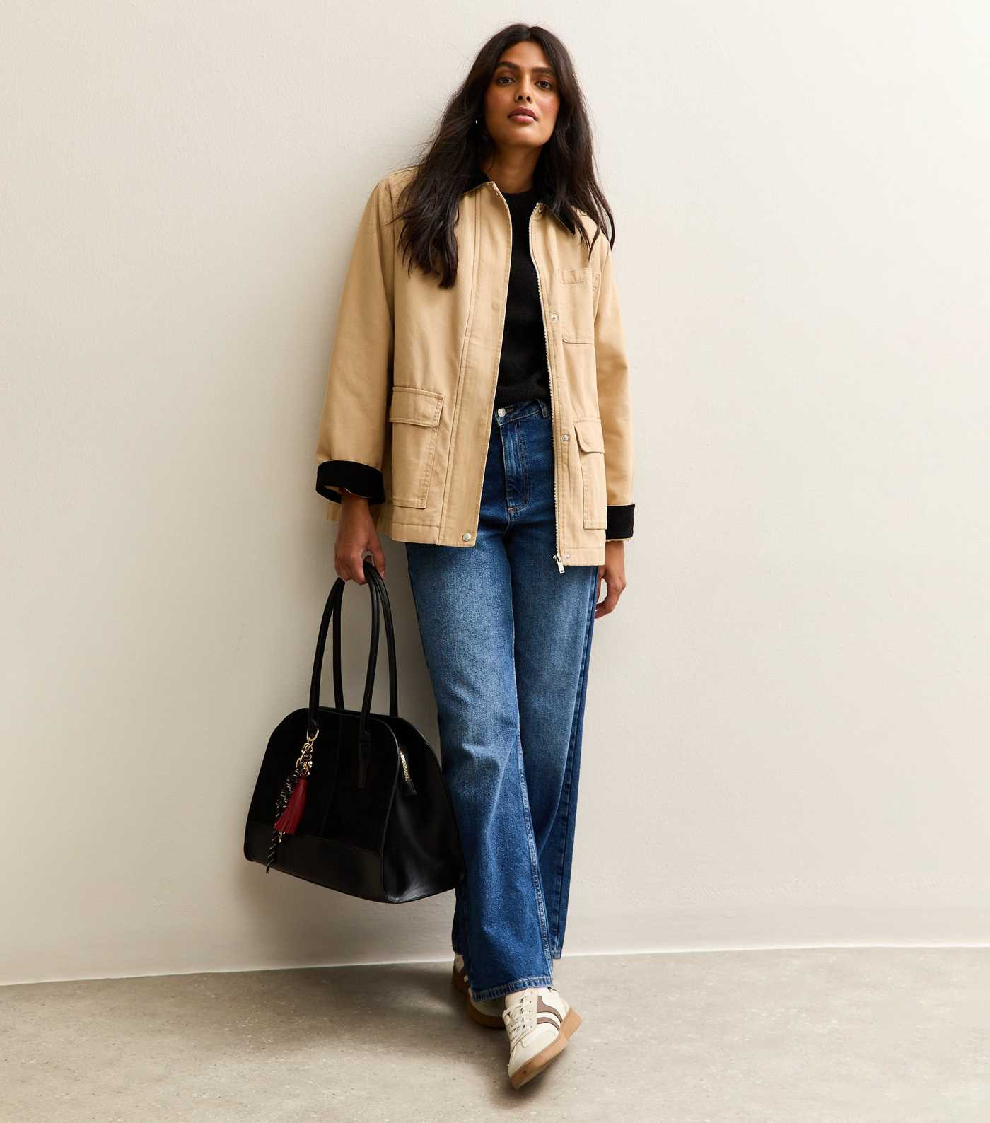 Stone Contrast Collar Midi Barn Jacket | New Look | New Look (UK)