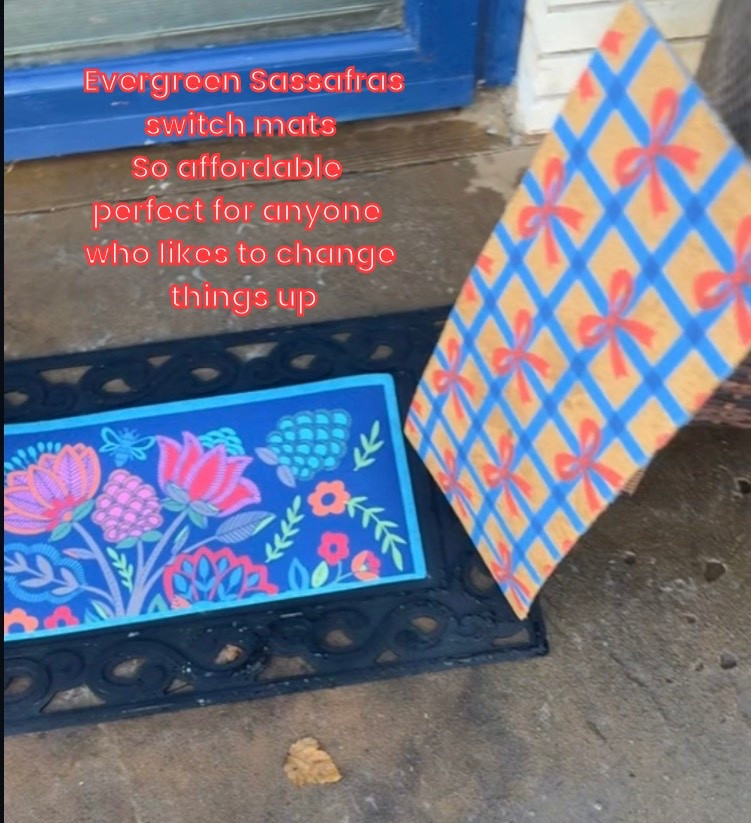 Evergreen Sassafras mats with switch mats. You can change out your doormat to any occasion any holiday any theme that you would like. They have the mats for you.
I love this so much. Can’t wait to buy more mats for all the occasions!!