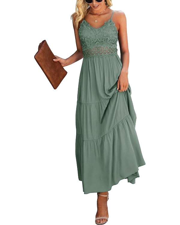 Dokuritu Women's Beach Crochet Lace Maxi Dress Solid Color Summer Vacation Spaghetti Strap Long D... | Amazon (US)