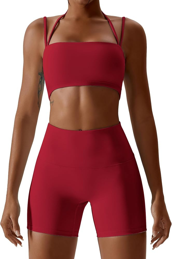 ABOCIW Workout Sets for Women 2 Piece Twist Front Halter Sports Bras High Waist Biker Shorts Exer... | Amazon (US)