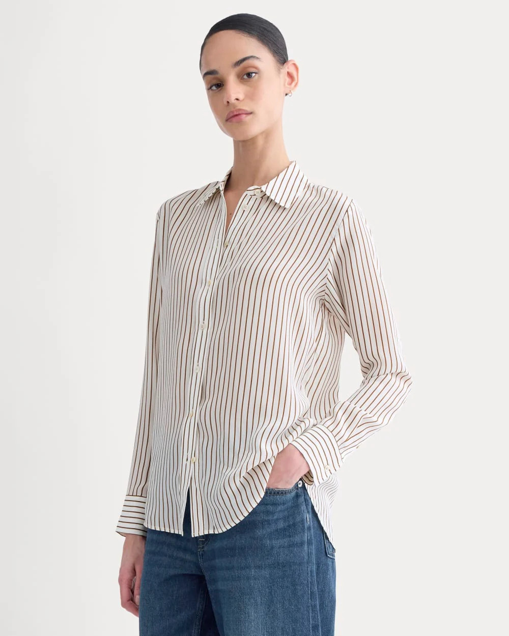 The Must-Have Shirt in Washable Silk | Bone / Toffee Stripe | Everlane
