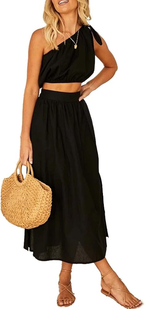 2PC Set Women's Summer One Shoulder Crop Tops with Midi Skirt Set Tie Straps Ruffle Dress Swing P... | Amazon (US)