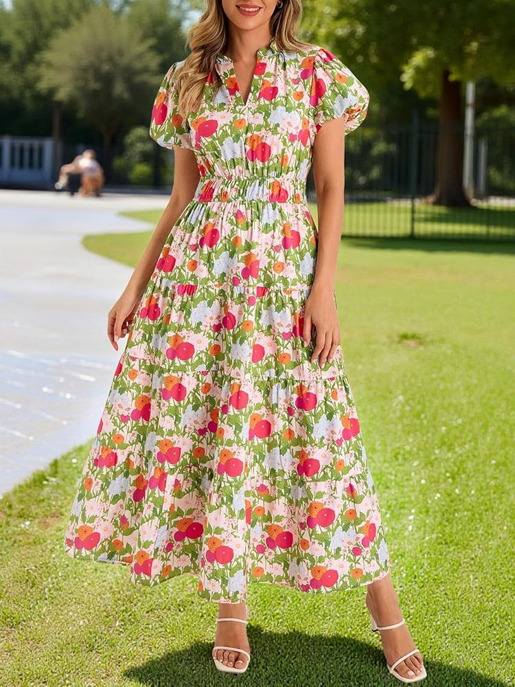 Wenrine Womens Summer Floral Maxi Dress Casual V Neck Puff Short Sleeve Smocked Loose Boho Beach ... | Amazon (US)