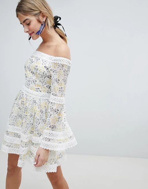 Dolly & Delicious Allover Floral Bardot Skater Dress With Fluted Sleeve Detail | ASOS US