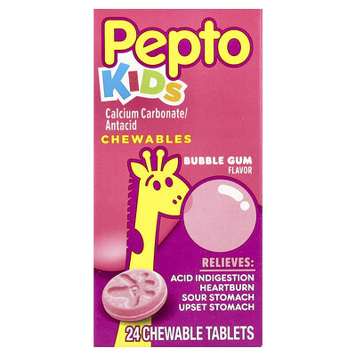 Pepto Bismol, Kids, Pepto Chewables, Bubble Gum, 24 Chewable Tablets | iHerb