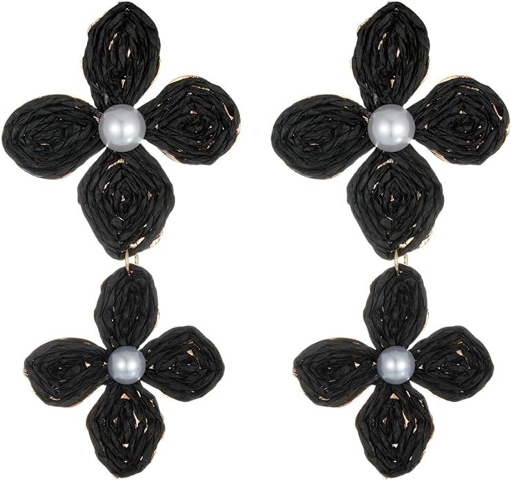 RUOFFETA Raffia Flower Earrings, Raffia Straw Wrapped Flower Drop Dangle Earrings Summer Tropical... | Amazon (US)