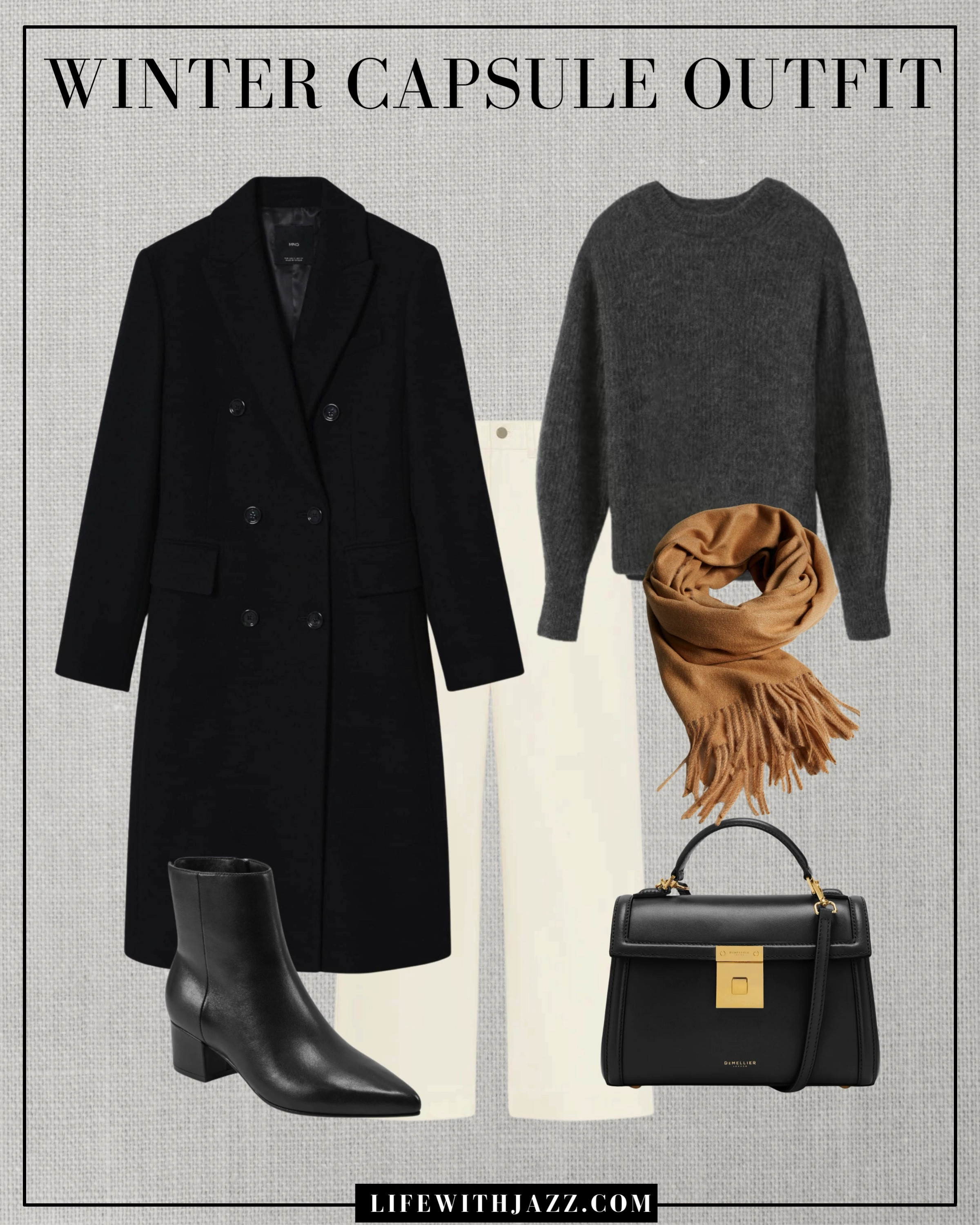 Winter capsule outfit 

Black tailored coat / dark gray sweater / ecru wide leg jeans / black pointed boots / Demellier purse / scarf / smart casual / dressy outfit / elevated outfit / wc25

#LTKSeasonal #LTKStyleTip