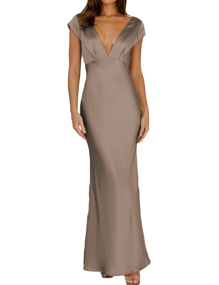 Halfisland Womens Summer Satin V Neck Cap Sleeve Backless Maxi Dress Elegant Twist Cut Out Midi D... | Amazon (US)