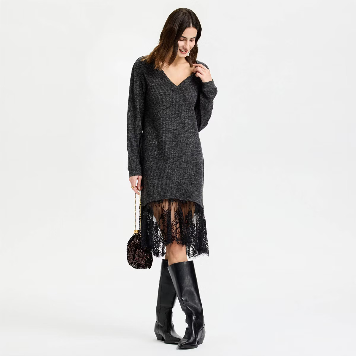 Women's Long Sleeve Lace Hem Midi Sweater Dress - A New Day™ Dark Heather Gray | Target